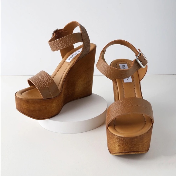 Steve Madden 6.5 / 37 Belma Tan Leather Wood Wedge platform sandal cognac brown - Picture 4 of 15